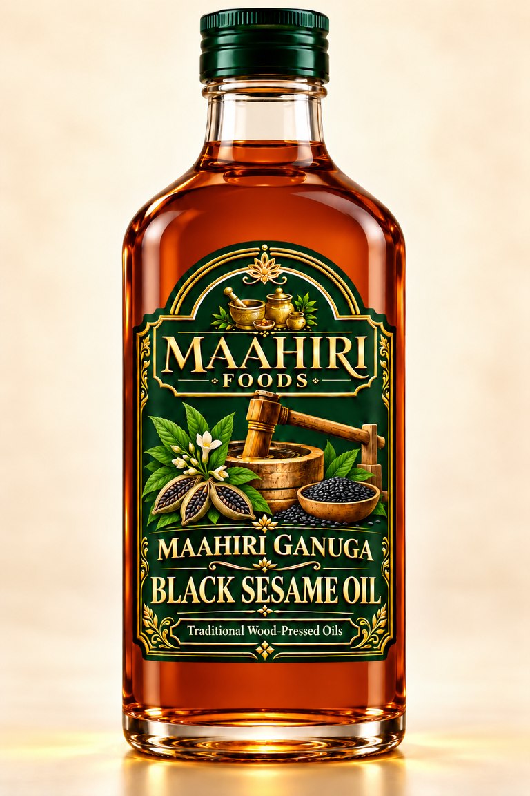 Maahiri Ganuga black sesame oil in a glass bottle
