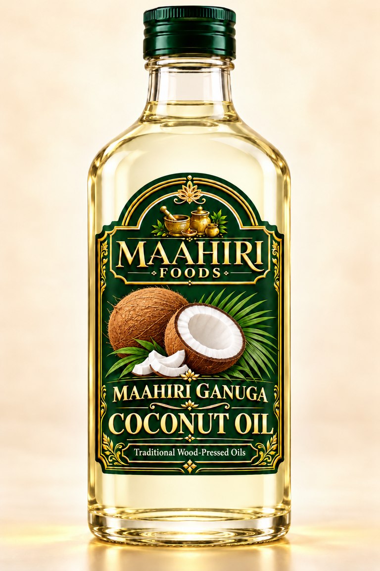 Maahiri Ganuga coconut oil in a glass bottle
