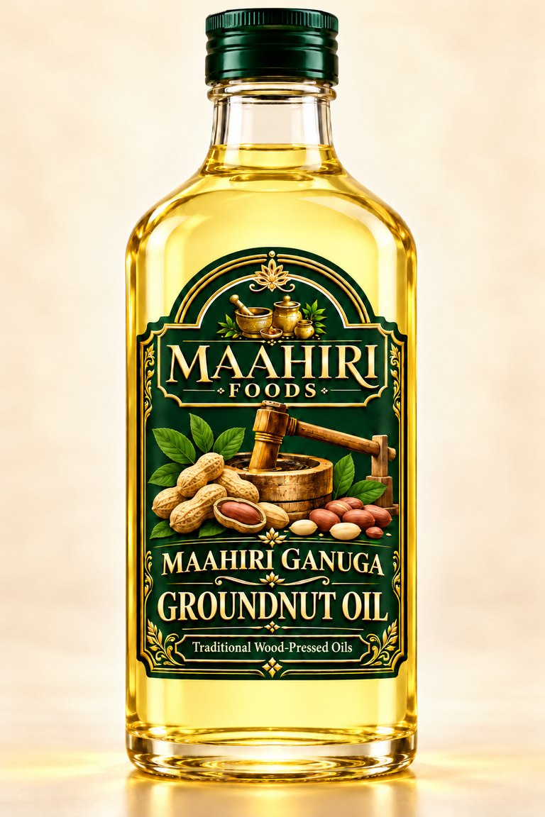 Maahiri Ganuga groundnut oil in a glass bottle