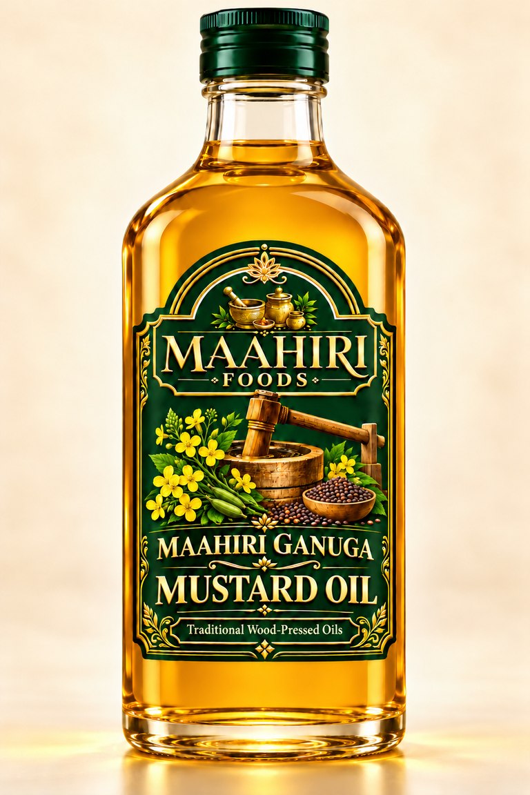 Maahiri Ganuga mustard oil in a glass bottle