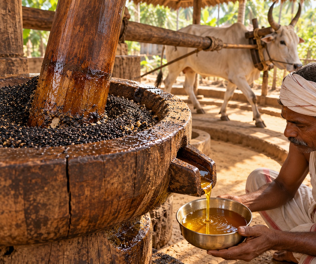 Illustrative ghani pressing sesame seeds and collecting the oil