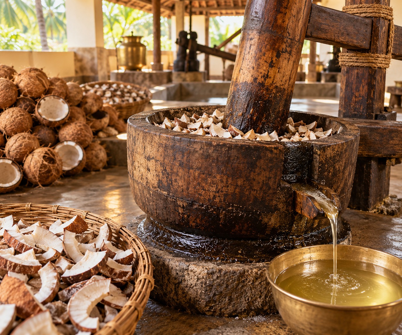 Illustrative coconut pieces beside a traditional ghani press