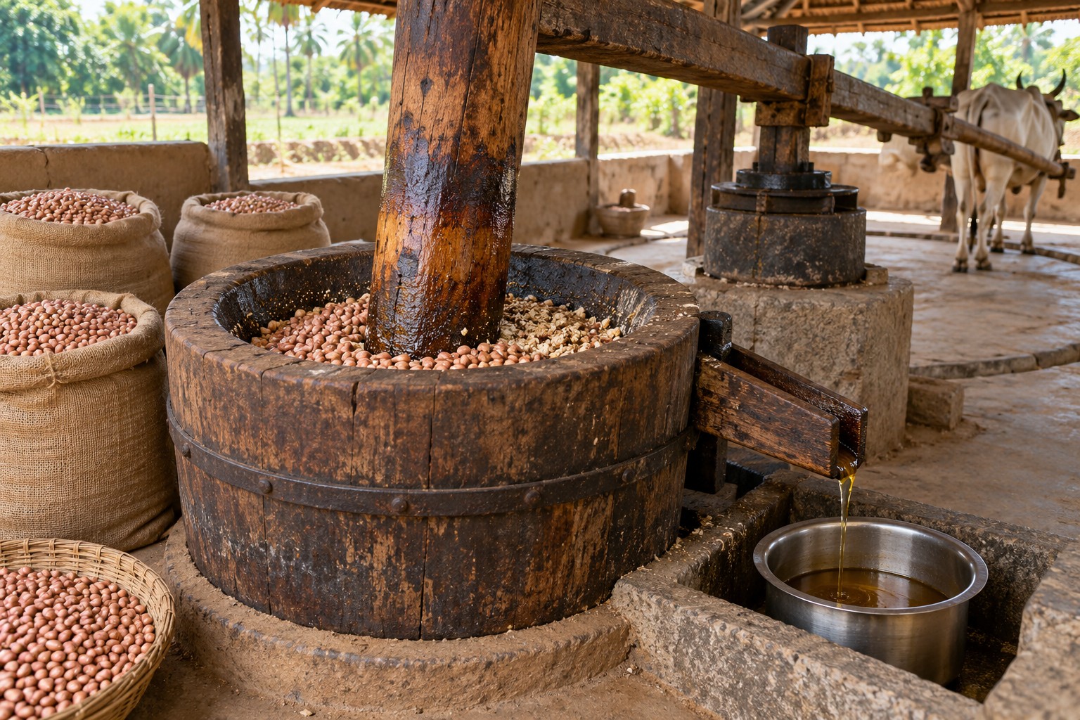 Illustrative groundnut kernels being pressed in a traditional ghani