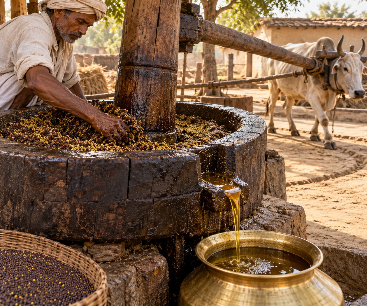 Illustrative mustard seeds being crushed and oil collected in a ghani