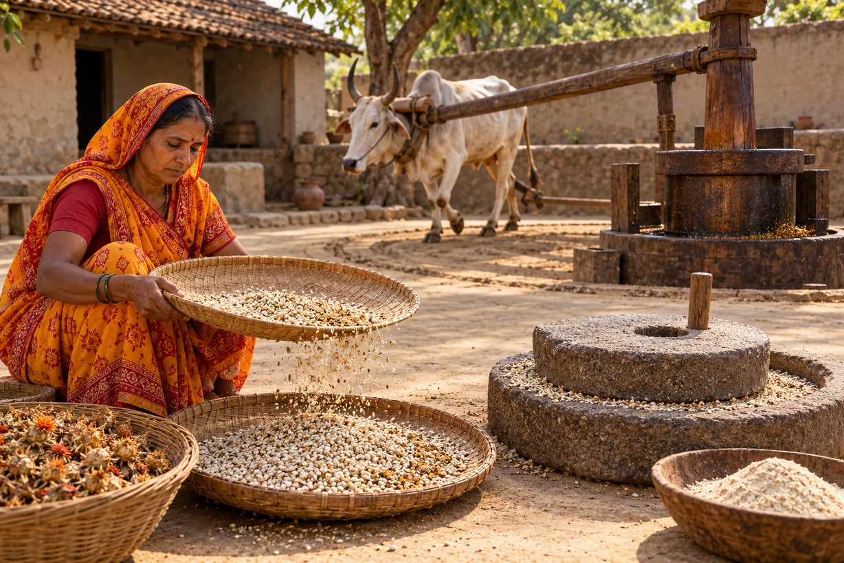 Illustrative winnowing and seed preparation before ghani pressing