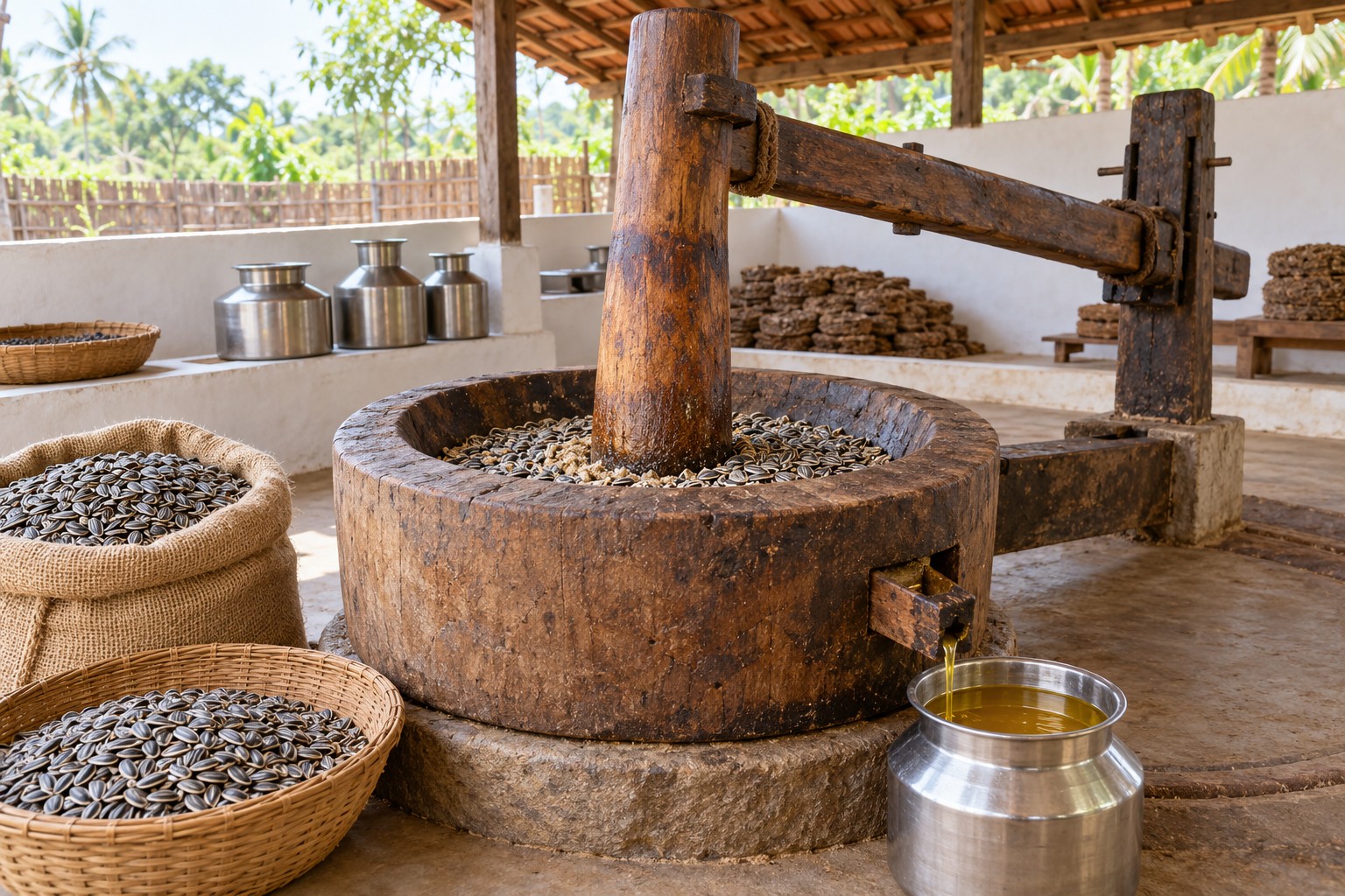 Illustrative sunflower seeds loaded into a traditional ghani mortar