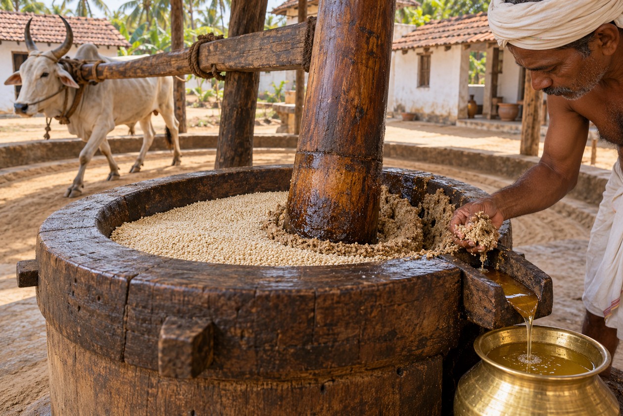 Illustrative white sesame seeds in a traditional ghani mortar