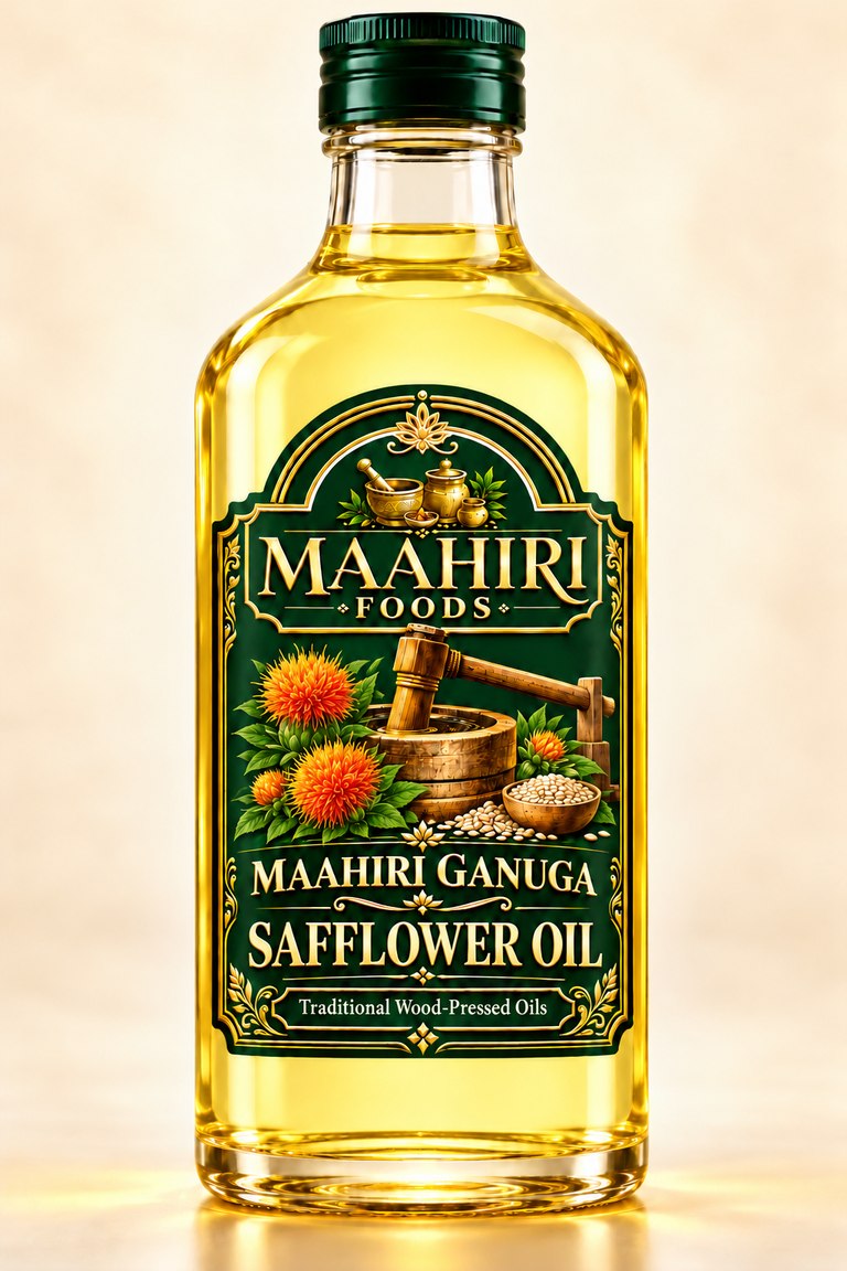 Maahiri Ganuga safflower oil in a glass bottle