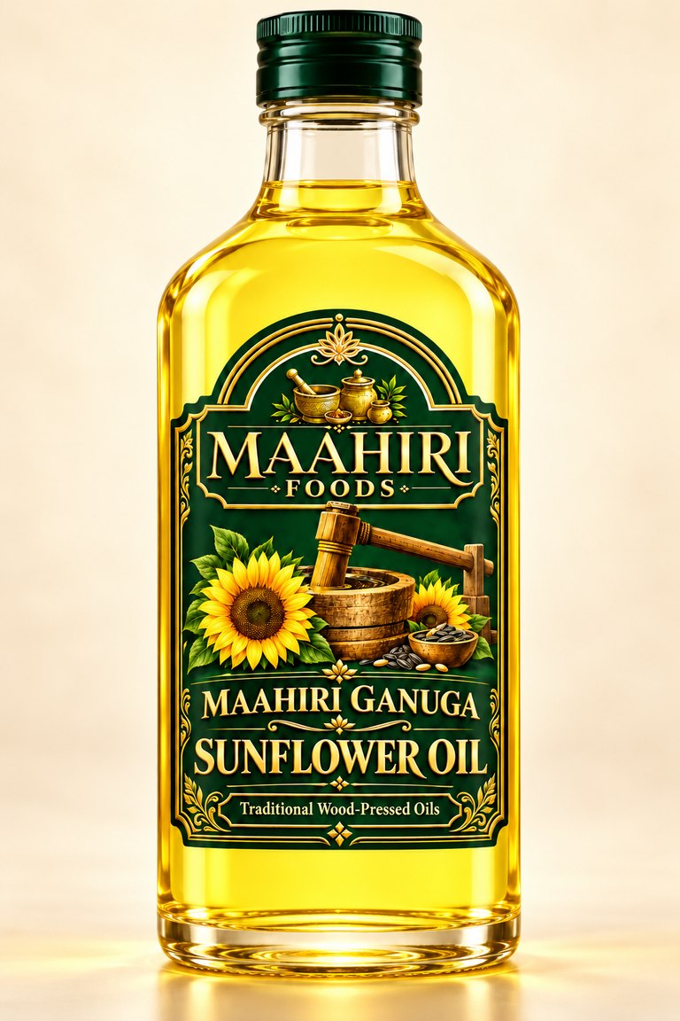 Maahiri Ganuga sunflower oil in a glass bottle