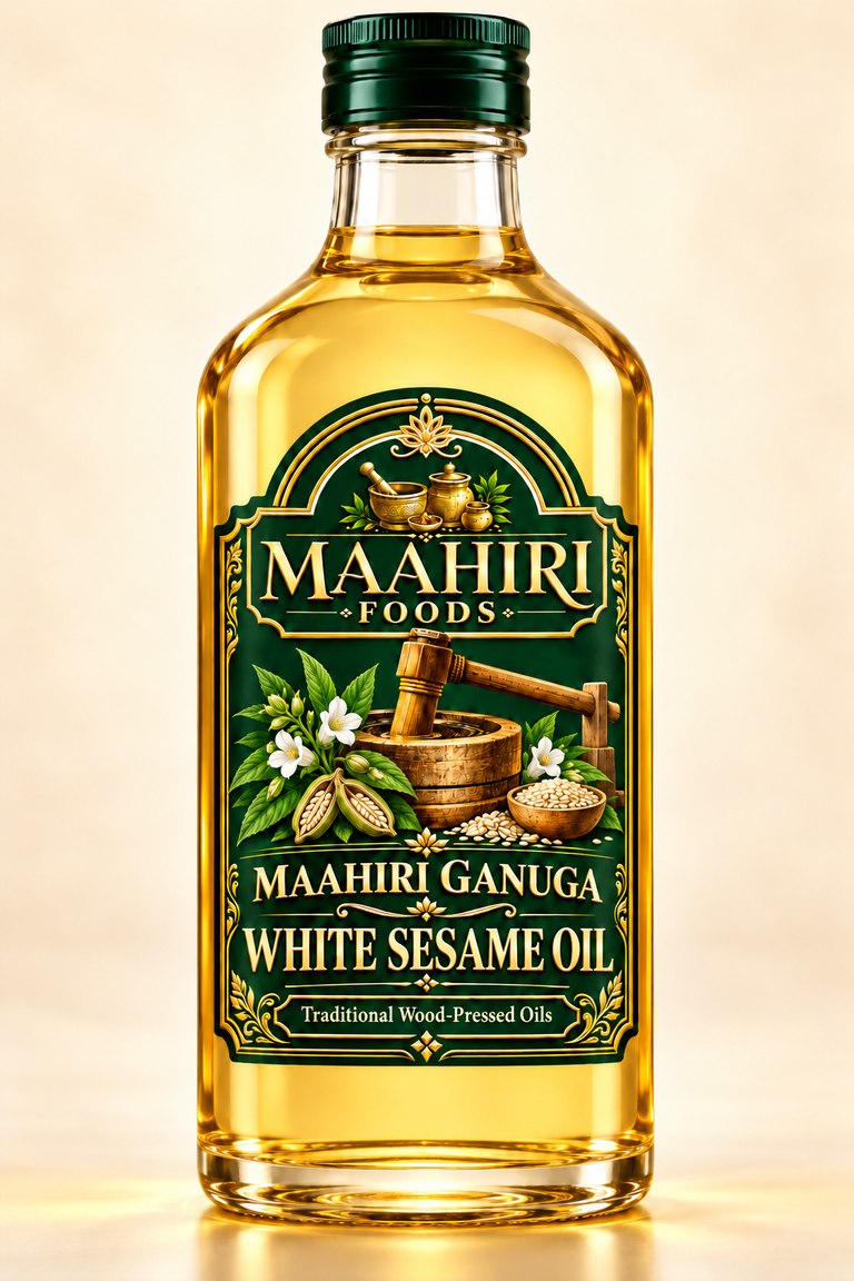 Maahiri Ganuga white sesame oil in a glass bottle