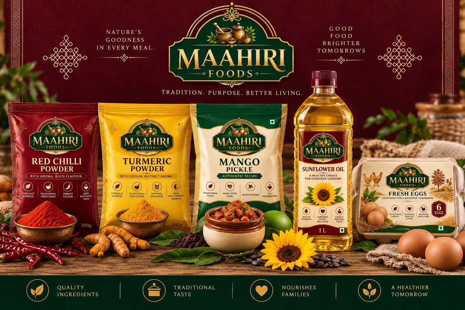 Maahiri Foods product collection with red chilli powder, turmeric powder, mango pickle, sunflower oil and fresh eggs