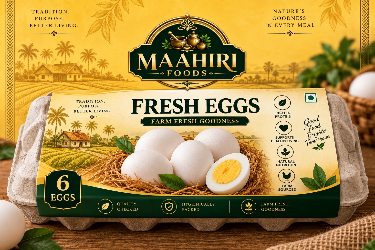Maahiri Foods Fresh Eggs carton with six-egg packaging