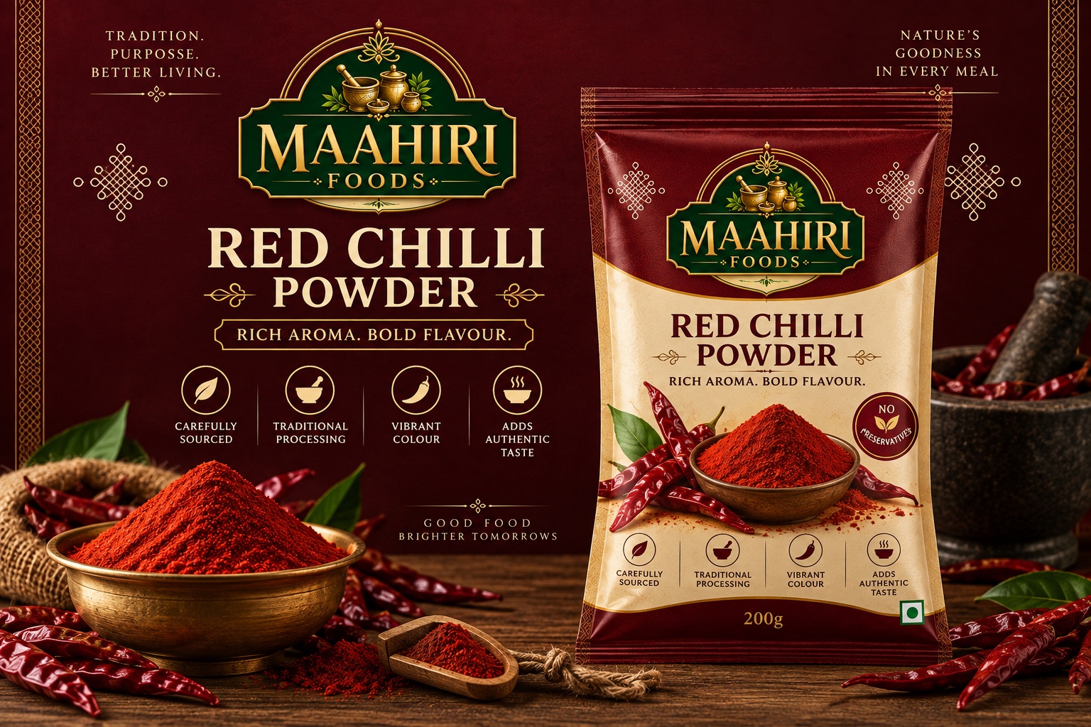 Maahiri Foods red chilli powder pouch beside a bowl of chilli powder and dried chillies