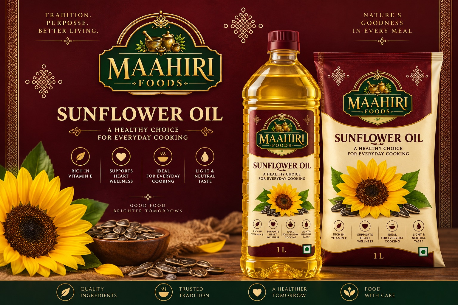 Maahiri Foods sunflower oil bottle and pouch with sunflowers and seeds