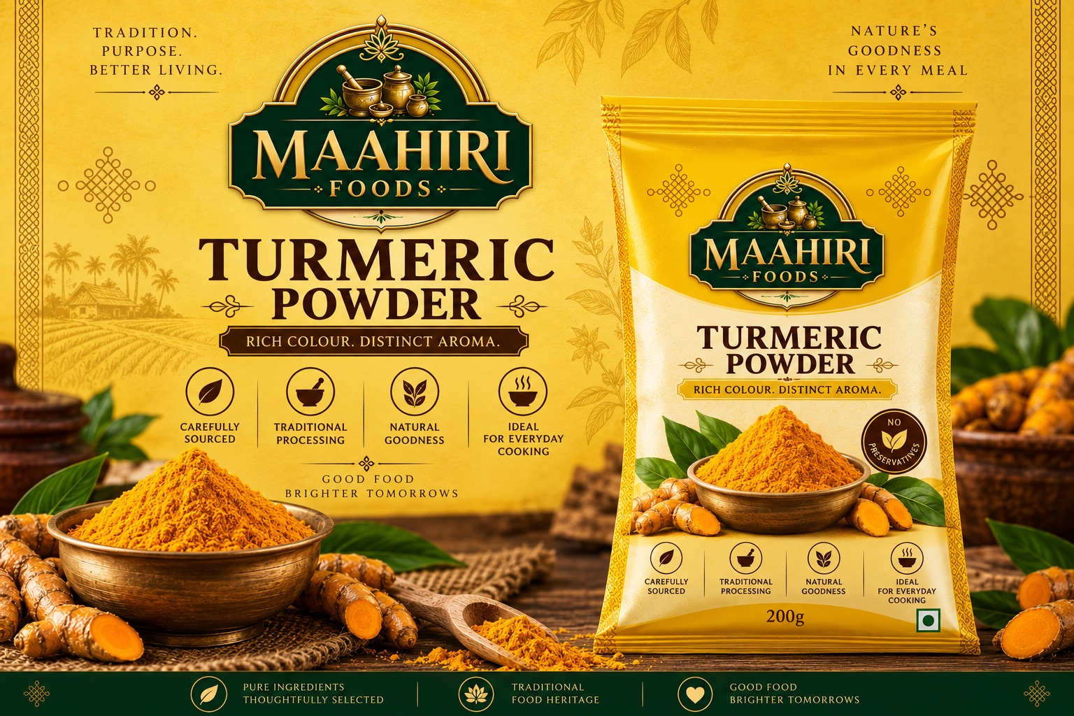 Maahiri Foods turmeric powder pouch with golden turmeric powder and roots