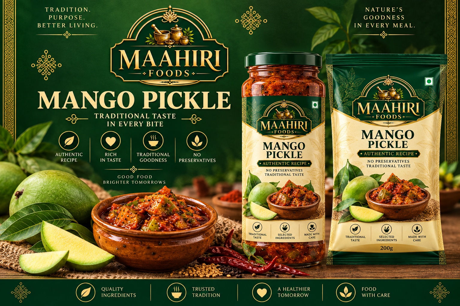 Maahiri Foods Mango Pickle poster with a jar, pouch, fresh mangoes and a bowl of pickle