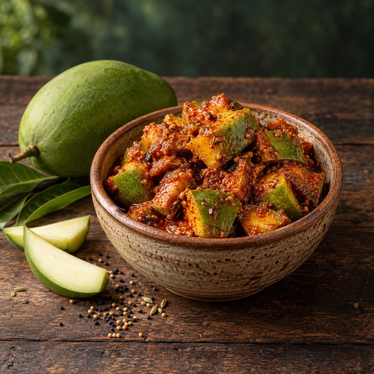 Spiced mango pickle with chunky mango pieces