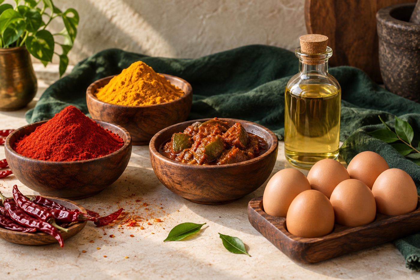 Spices, pickle, eggs and sunflower oil on a kitchen table