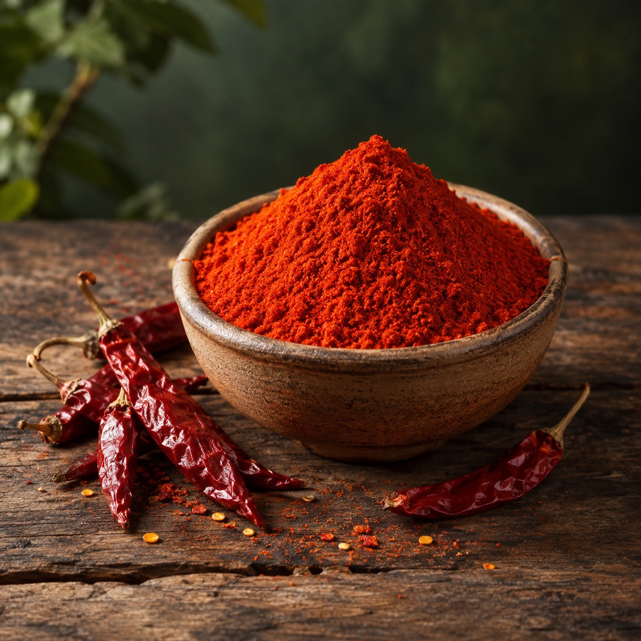 Red chilli powder in a wooden bowl with dried chillies
