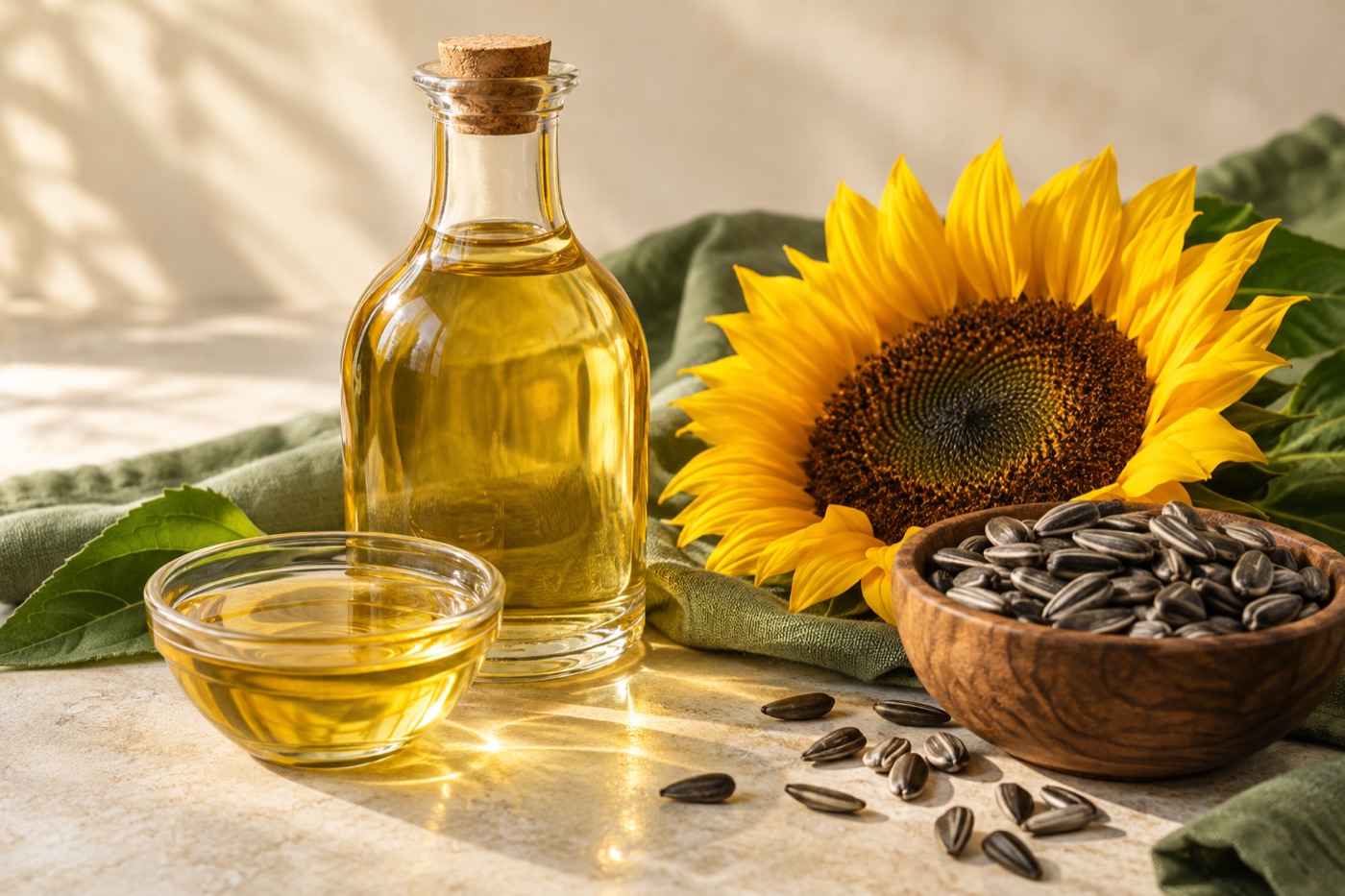 Golden sunflower oil in a glass bottle beside a sunflower and seeds
