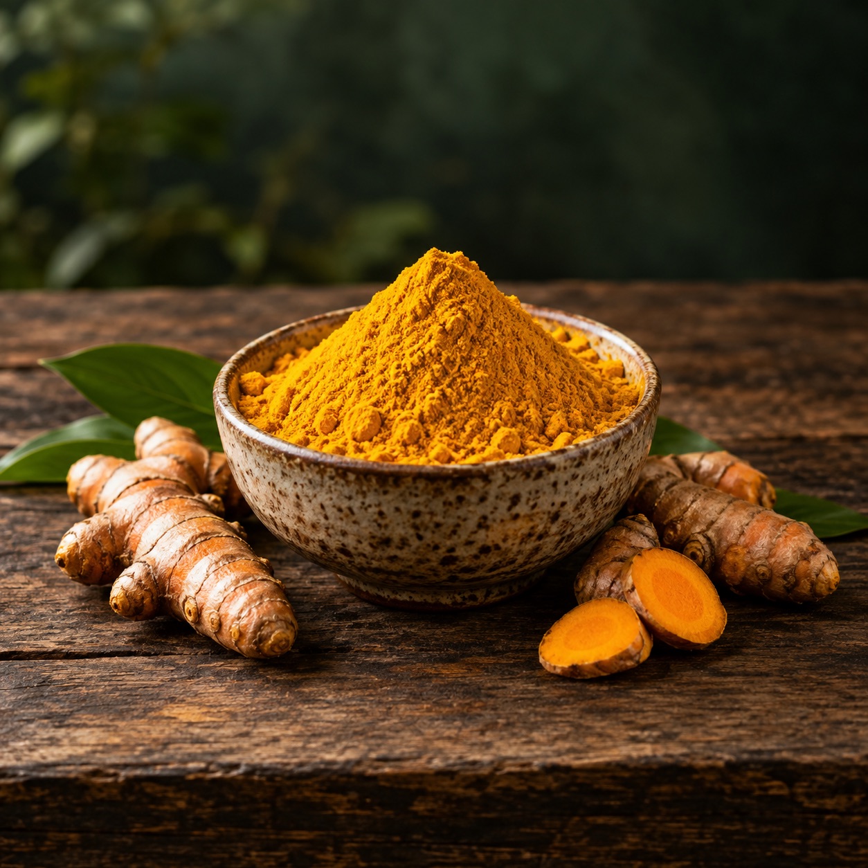 Golden turmeric powder and turmeric roots